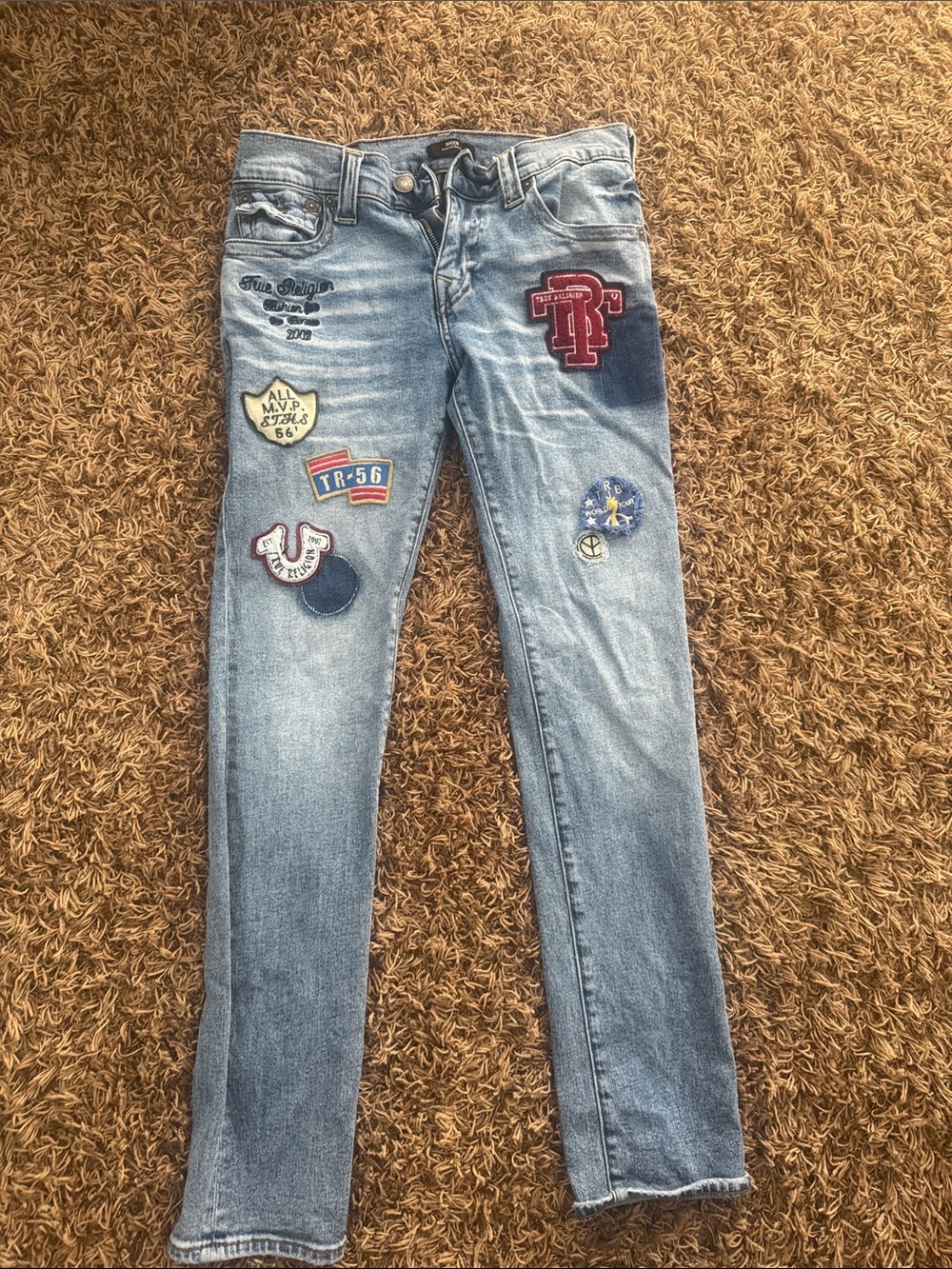 True Religion Light Blue Skinny Jeans with Multicolor Patches